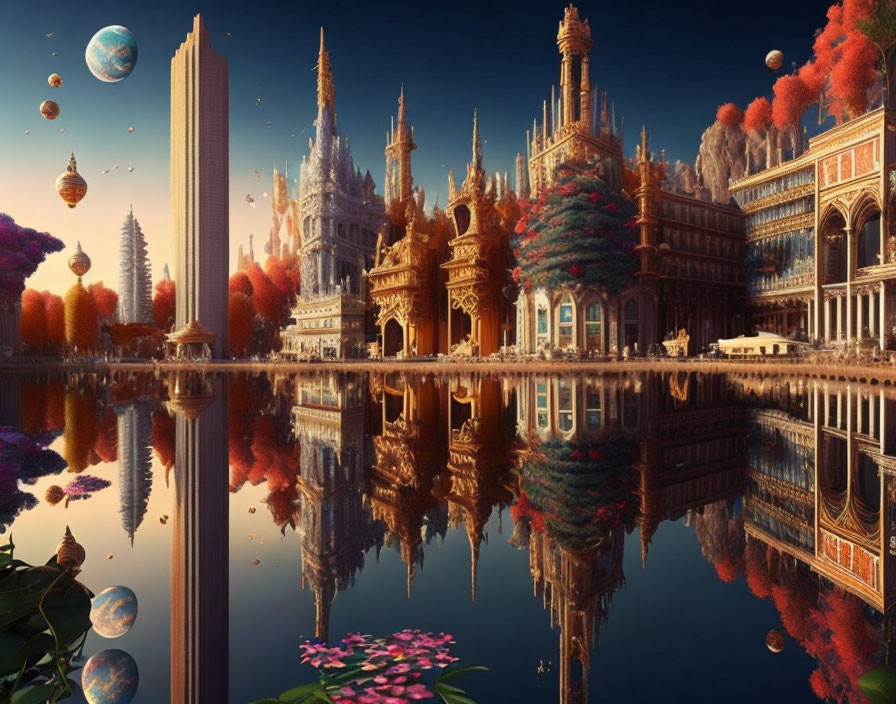 Fantasy cityscape with towering structures, autumn trees, floating islands, twilight sky