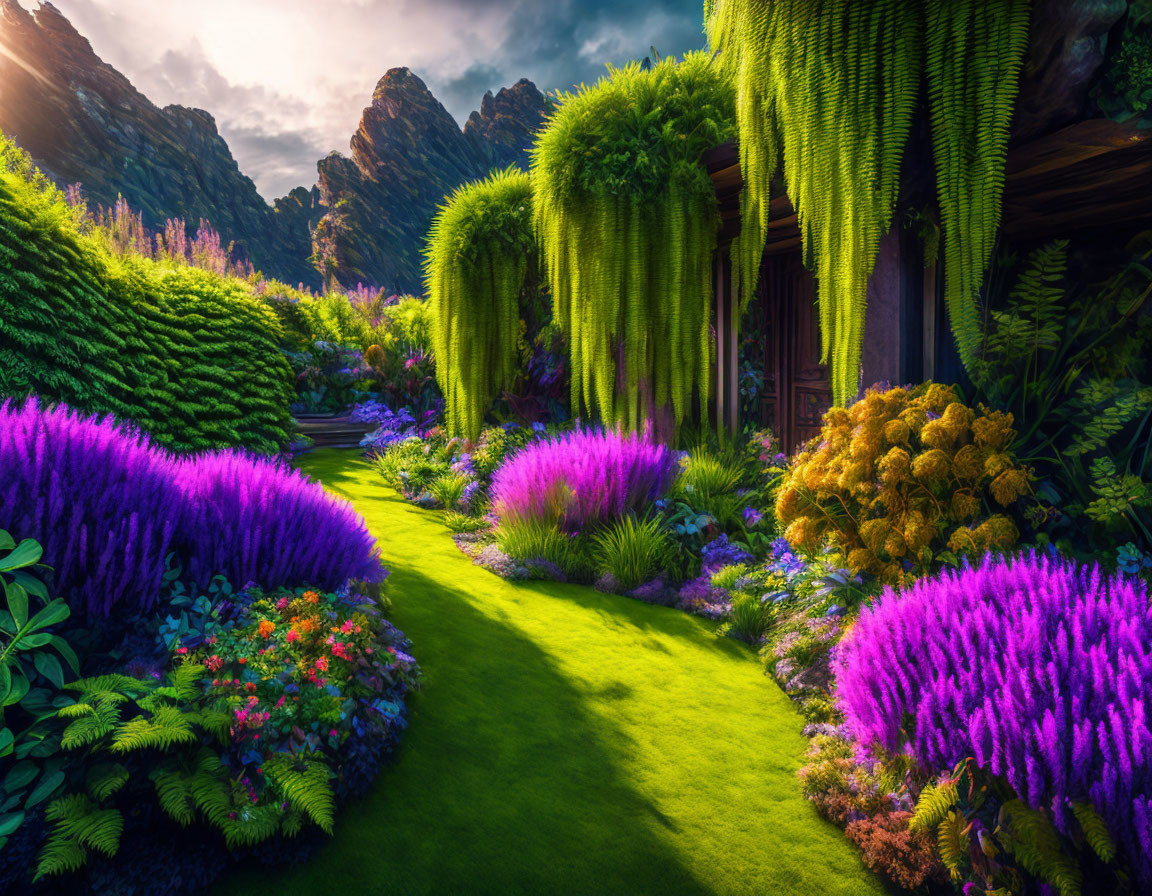 Colorful garden with purple and yellow flowers, lush greenery, hanging plants, grassy path,