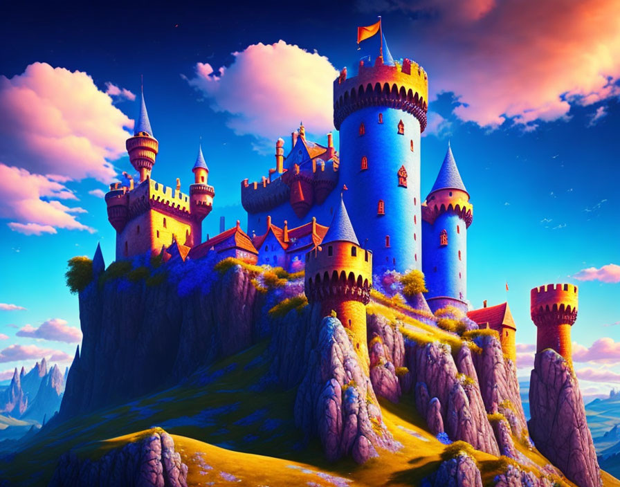 Fantasy castle with spires on rocky cliff at sunset