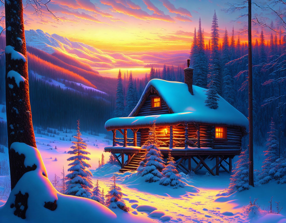 Snowy forest log cabin at dusk with glowing windows