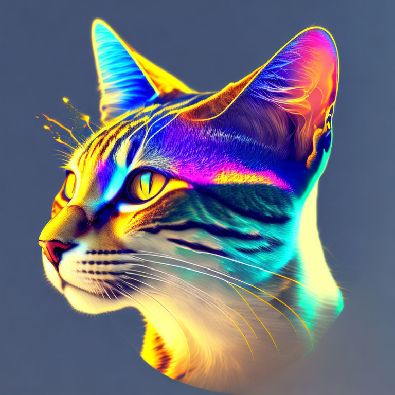 Colorful Neon Cat Portrait on Gradient Background