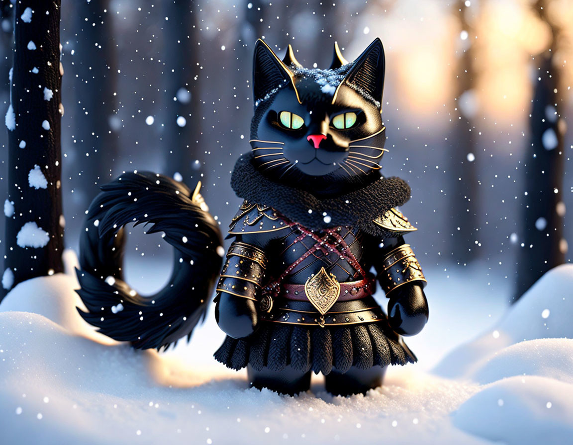 Anthropomorphic black cat in medieval armor in snowy forest