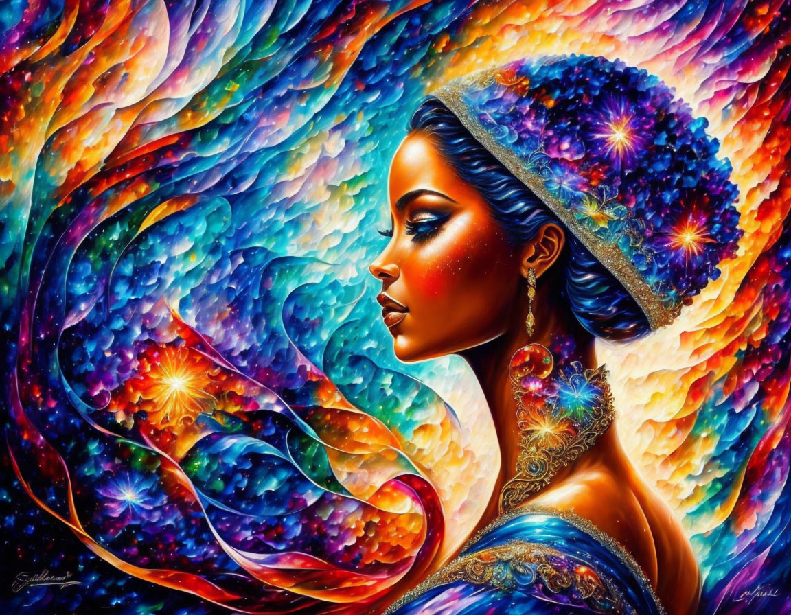 Colorful artwork of a woman with cosmic elements in surreal background