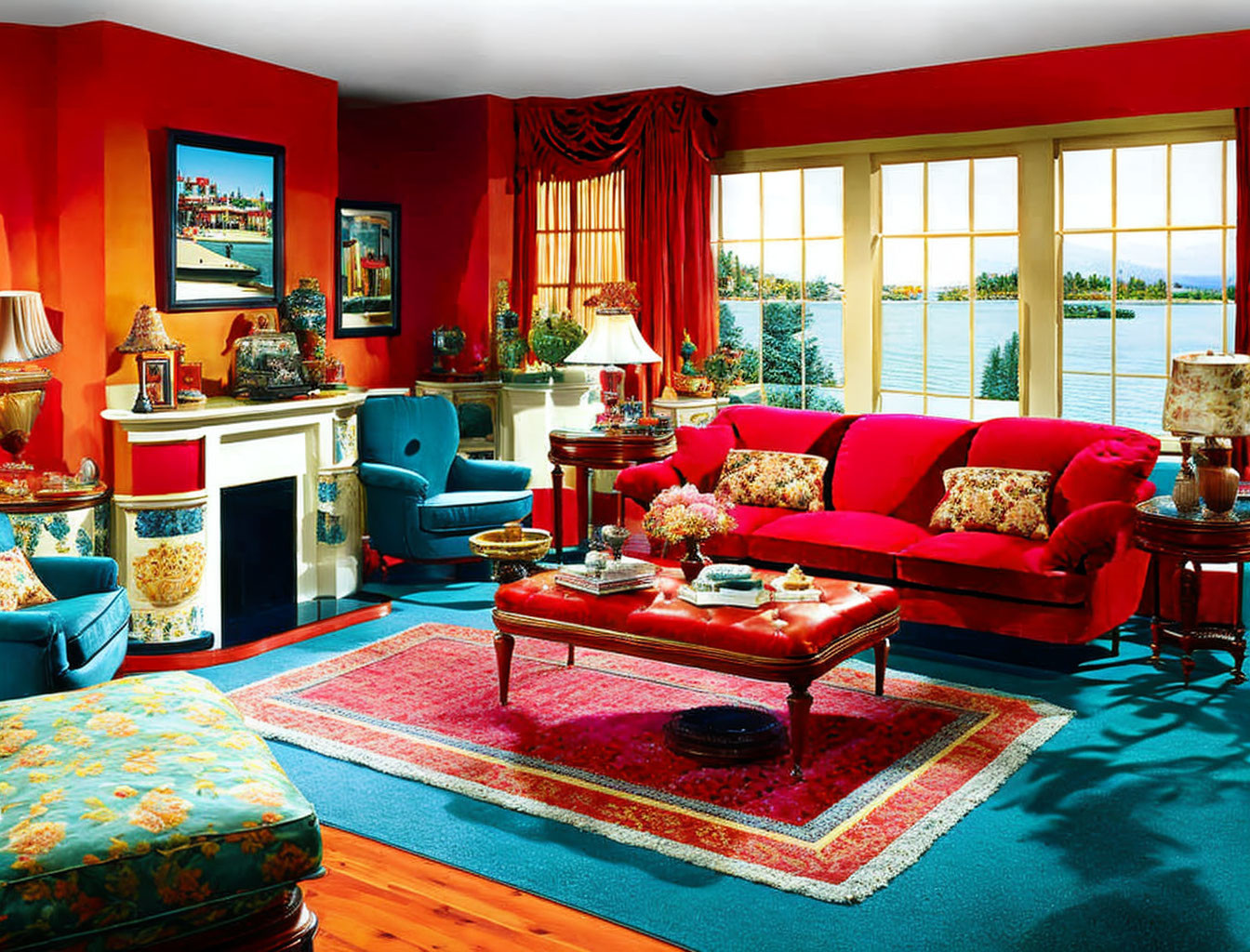 Colorful Living Room with Red Sofa, Blue Armchair, and Waterfront View