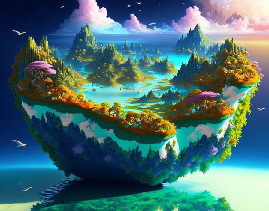 Vibrant floating island with lush forests, waterfalls, coral structures, birds, and sunset sky