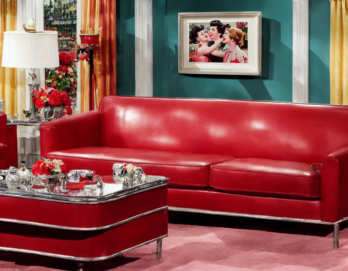 Red leather couch, glass coffee table, framed animated picture in vibrant living room