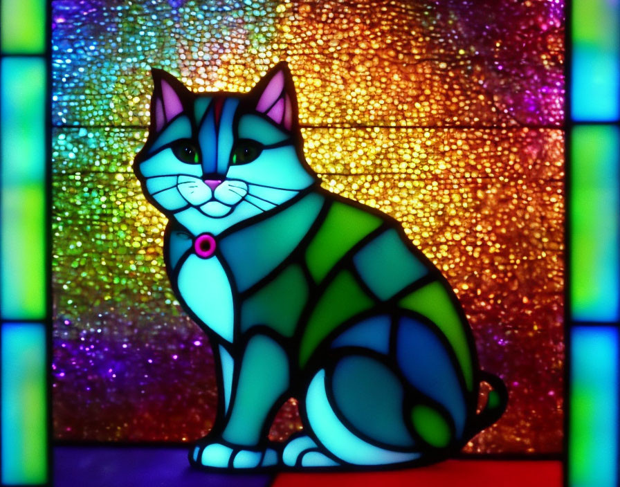 Colorful Stained Glass-Style Cat Illustration with Glittering Mosaic Background