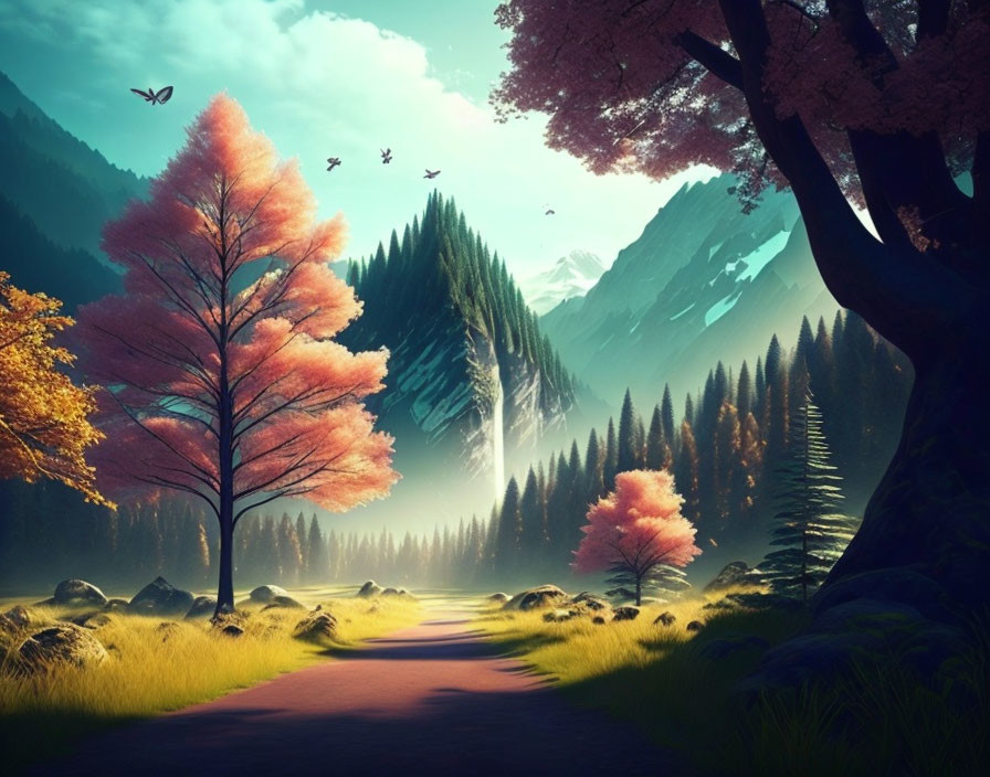 Tranquil forest path with pink trees, soft light, mountains, and birds