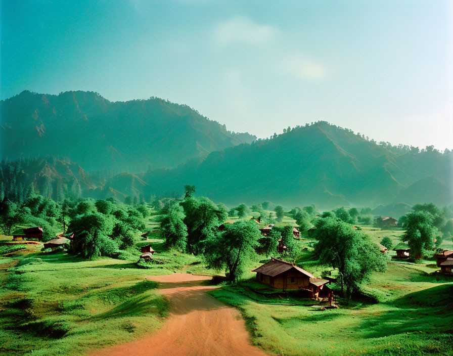 Tranquil countryside landscape with traditional houses and rolling hills