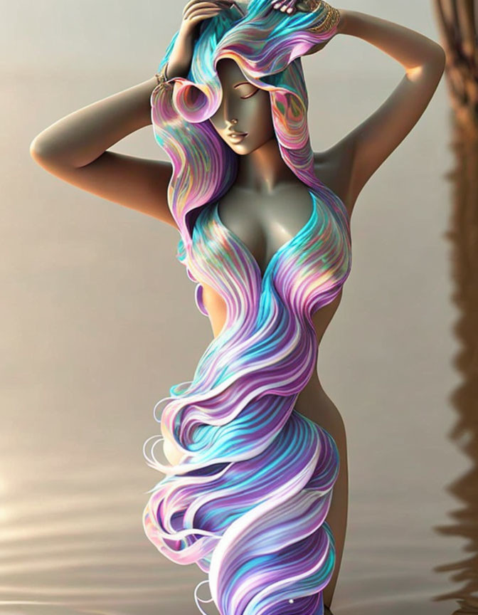 Vibrant digital art of woman merging with water in pink, blue, and purple.