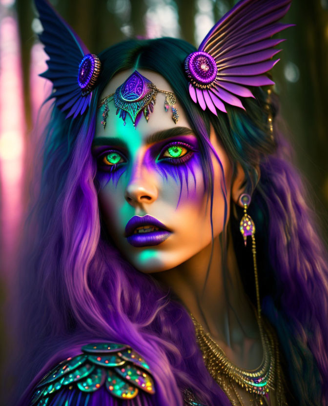 Vivid Purple Hair Fantasy Portrait in Forest Setting