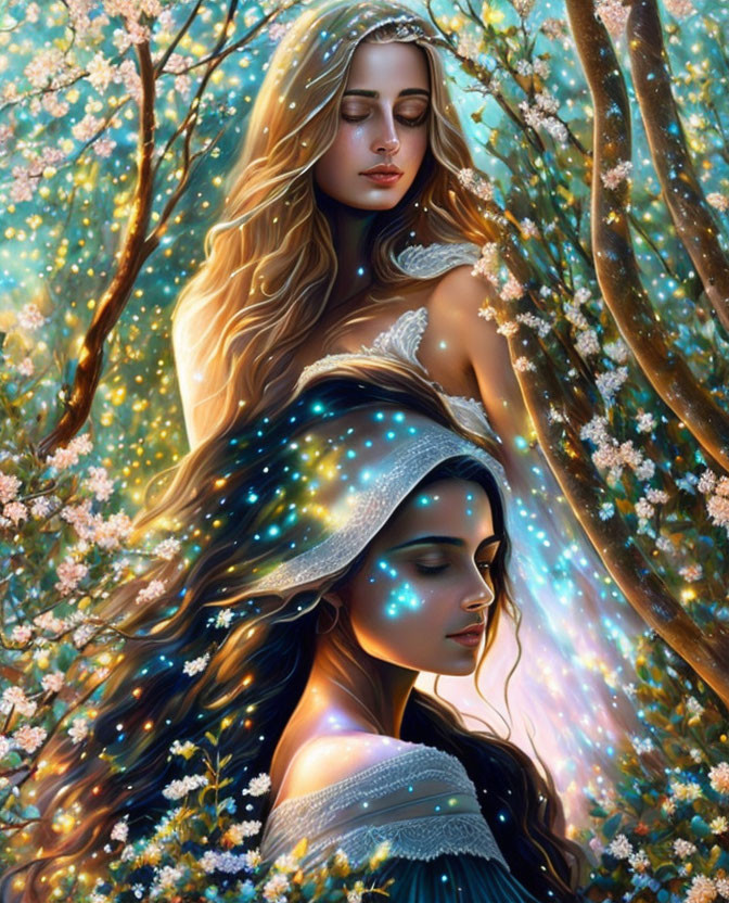 Digital Artwork: Ethereal Women with Luminescent Hair in Enchanted Forest