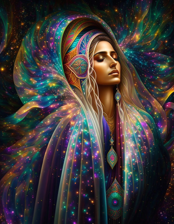 Colorful cosmic illustration: Woman with nebula hair & ornate jewelry in vibrant cloak