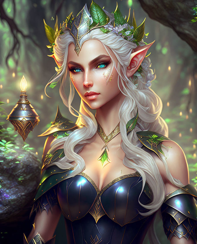 Fantasy elf in leaf-themed armor in mystical forest