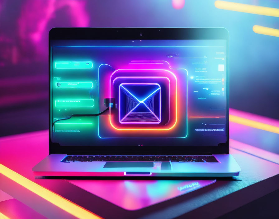 Colorful neon graphics on laptop screen in futuristic setting