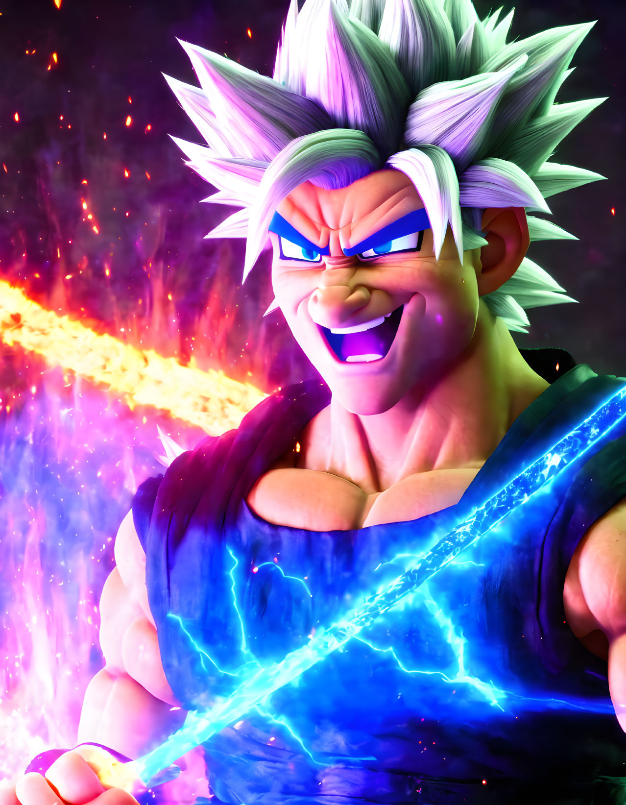 Animated character with spiky silver hair and blue vest in cosmic setting.