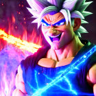 Animated character with spiky silver hair and blue vest in cosmic setting.