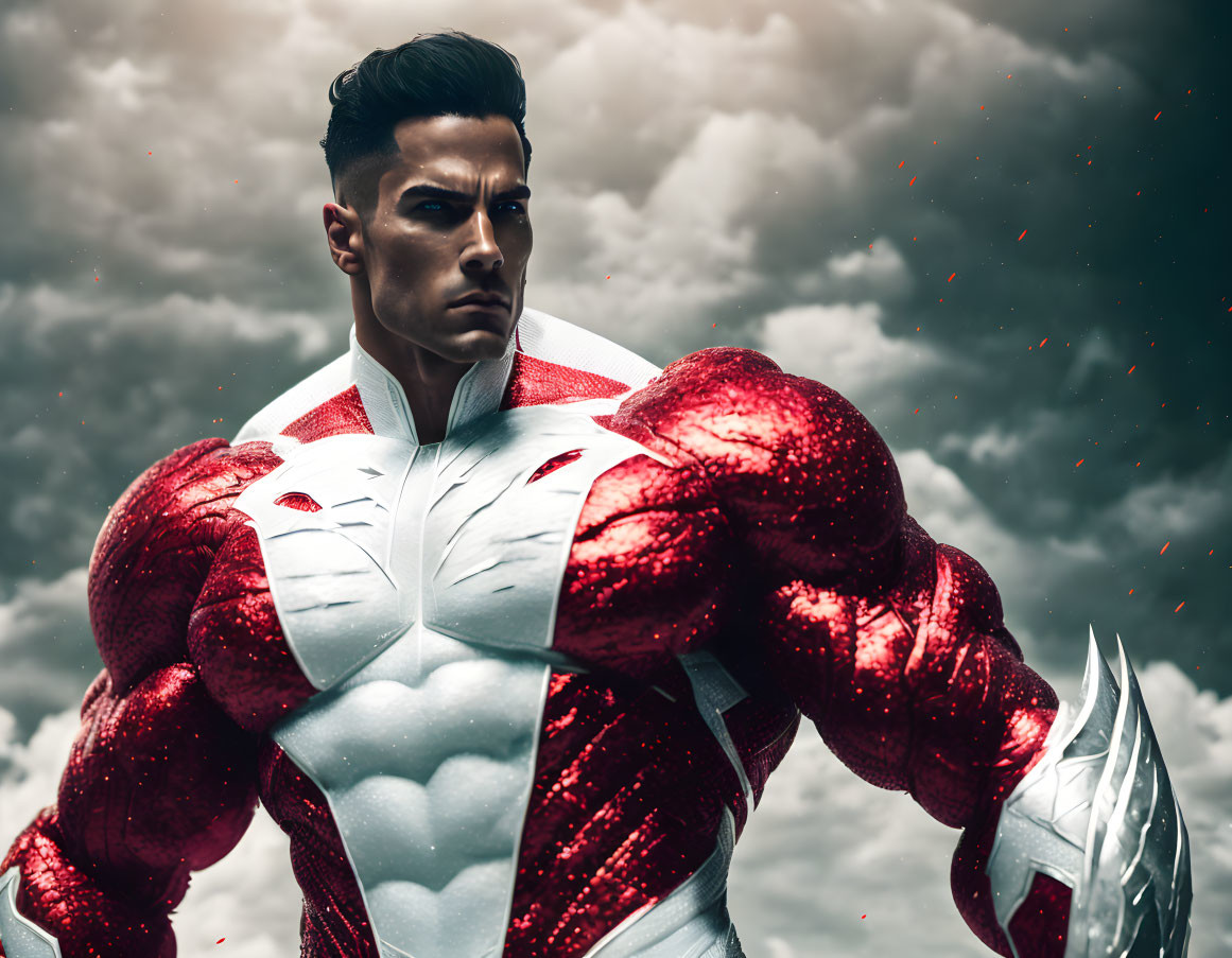 Muscular superhero in red and white suit under stormy sky