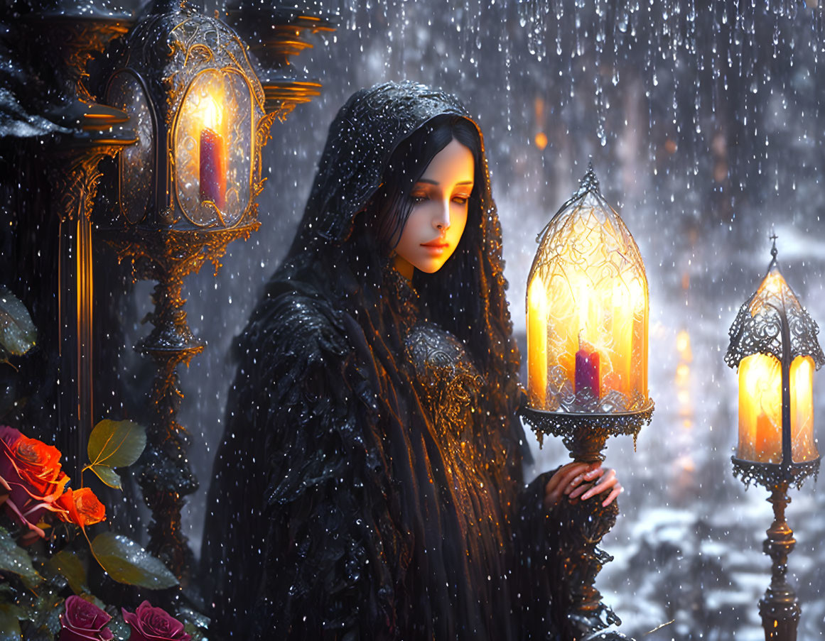 Person in Black Cloak Holding Lantern in Snowfall with Street Lamps and Roses