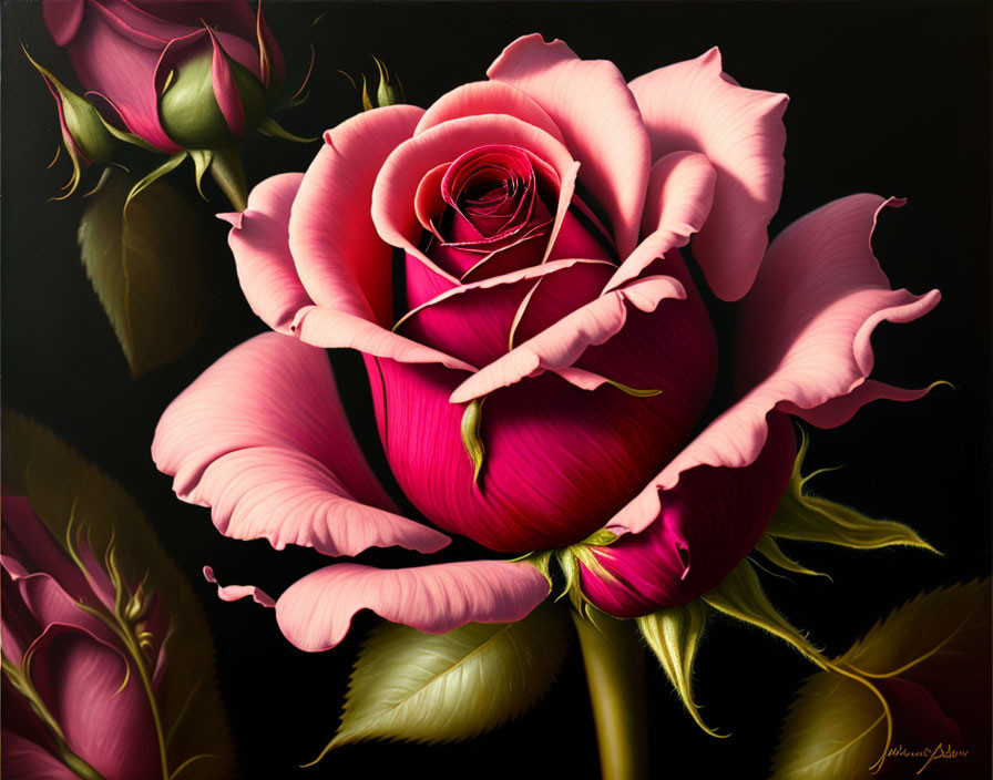 Detailed painting of pink rose on dark background