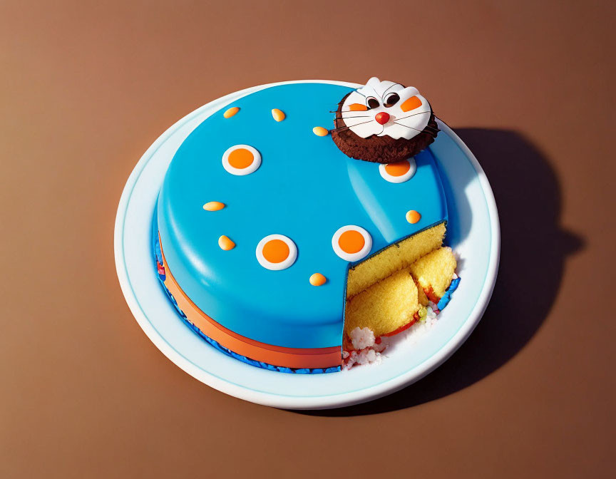 Colorful blue cake with orange circles and cartoon tiger face slice on plate