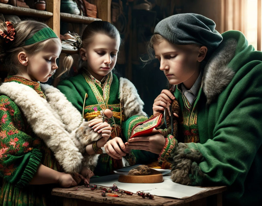 Traditional Clothing: Children Sewing in Rustic Interior