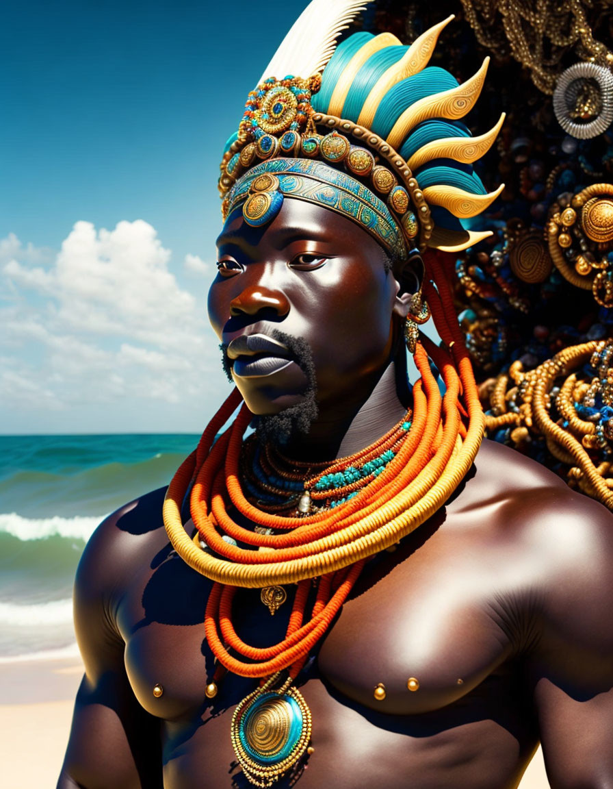 Portrait of person with tribal jewelry and headgear against blue sky and sea