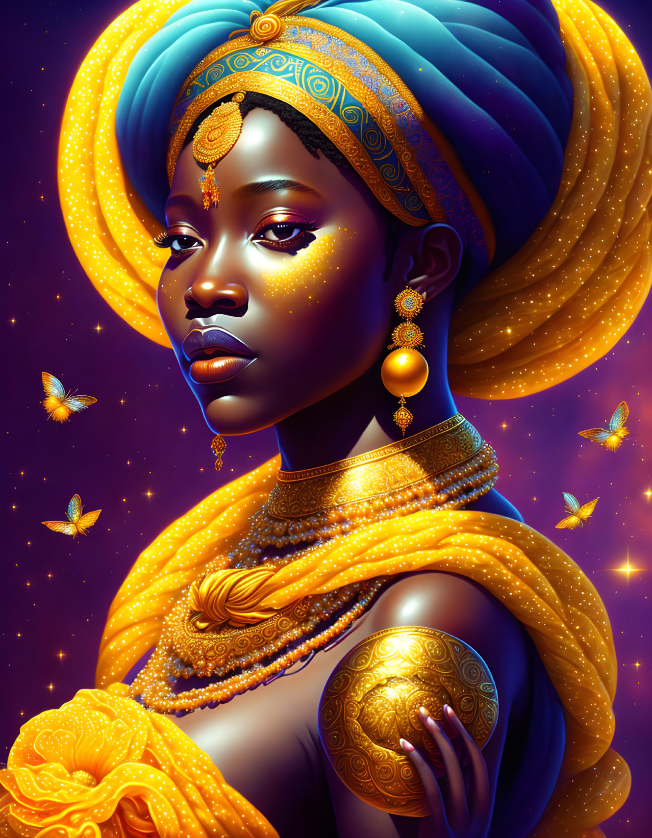 Colorful digital artwork: Woman in blue headwrap with gold jewelry, glowing butterflies, starry purple