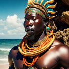 Portrait of person with tribal jewelry and headgear against blue sky and sea