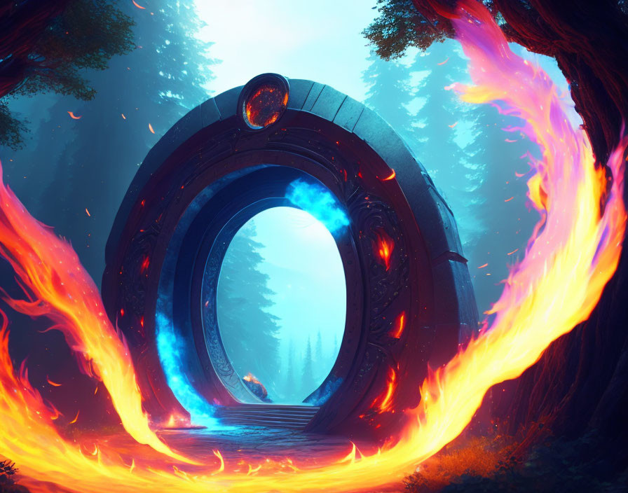 Mystical portal with fiery orange and blue energy swirl in serene forest