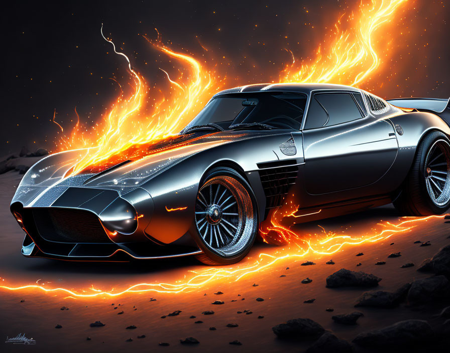 Sleek Black Sports Car with Fiery Orange Energy on Rocky Terrain