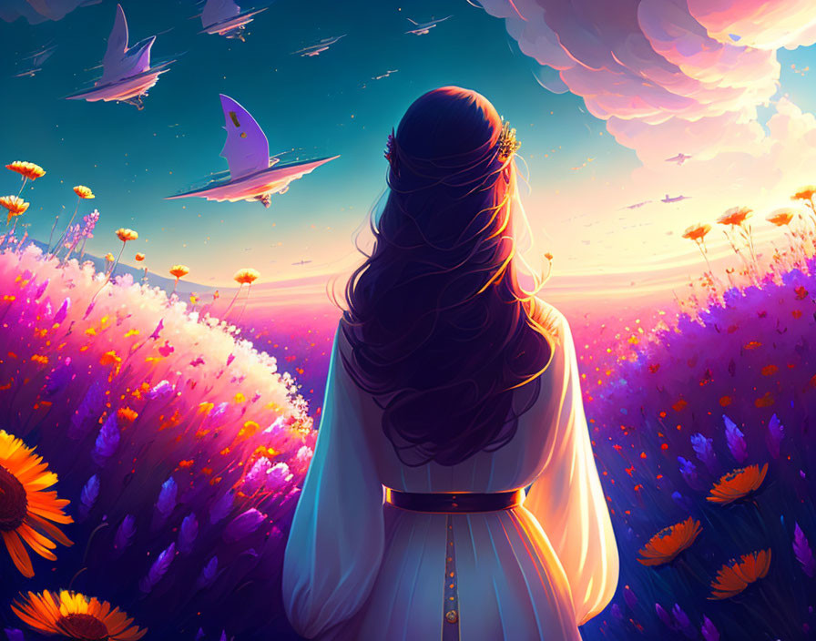 Woman admires vibrant sunset with flying birds in surreal landscape