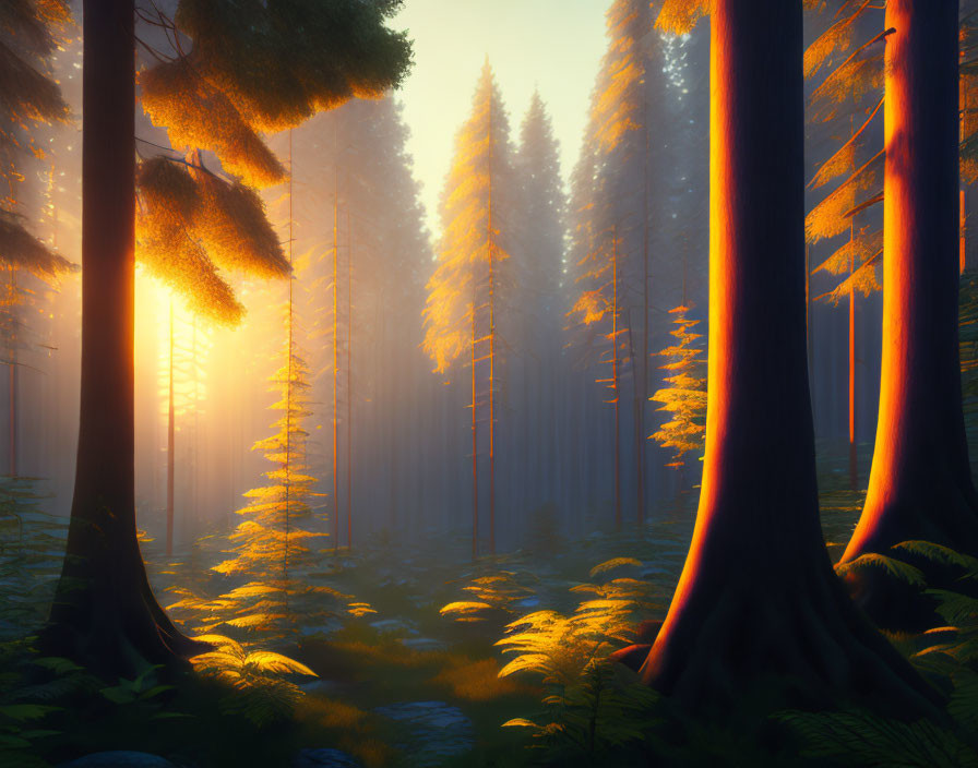 Tranquil forest landscape with tall trees and golden sunlight filtering through mist.