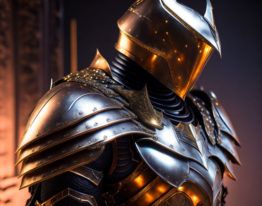 Detailed medieval knight's armor with golden embellishments on warm background