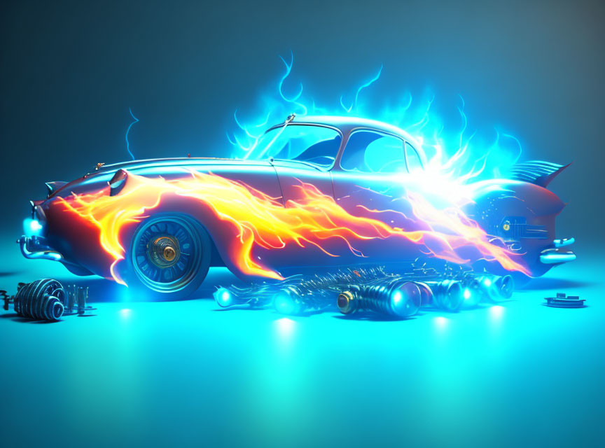 Vintage Car with Fiery Orange and Red Flames in Electrifying Blue Energy