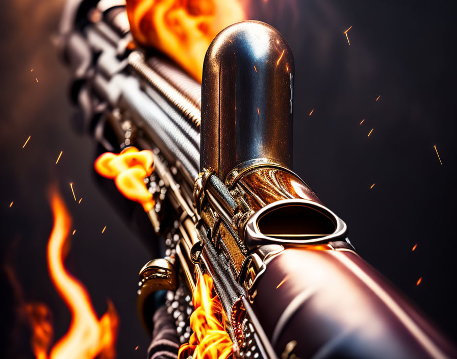 Flaming saxophone close-up with shiny surface and intricate mechanics