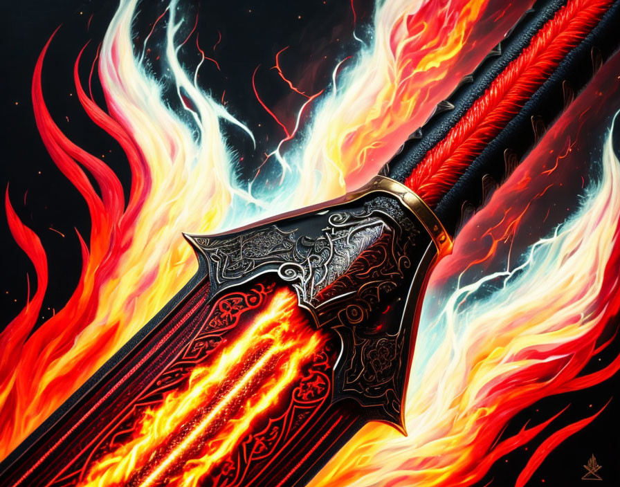 Ornate sword with black hilt and etched blade engulfed in vibrant flames