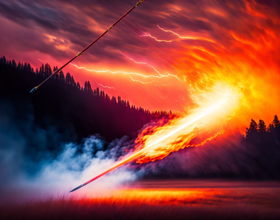 Rocket launch with fiery trail in stormy sky.