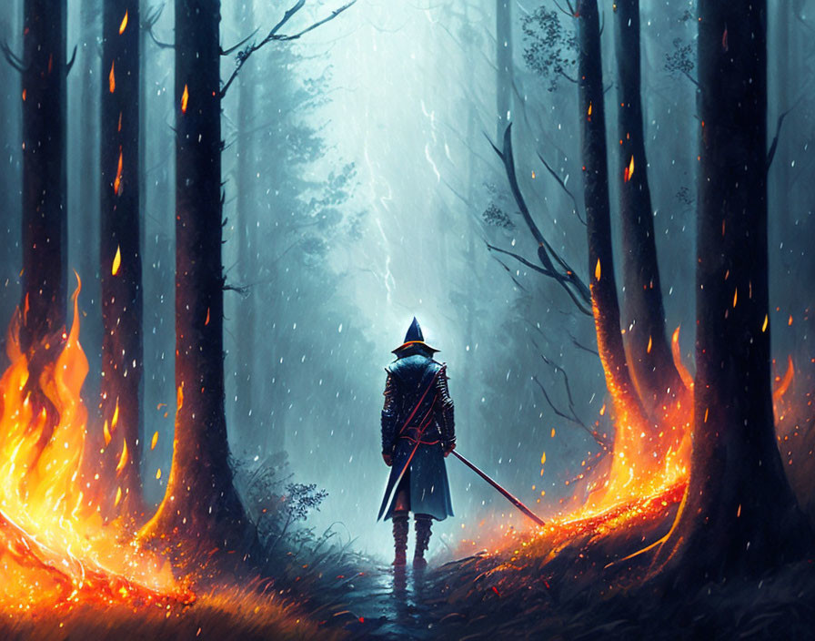 Mysterious figure in cloak and hat in misty, fire-lit forest