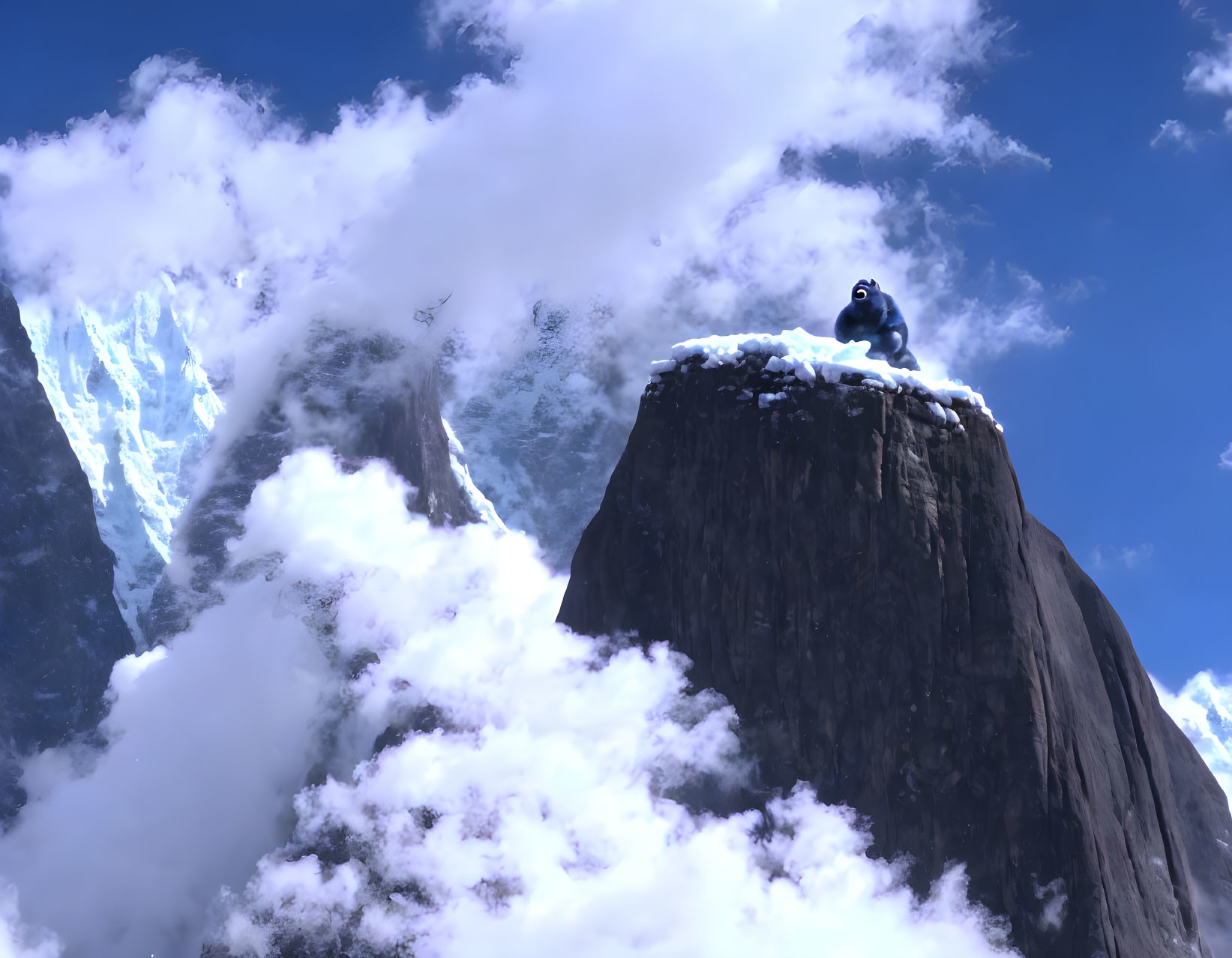 Figure sitting on snowy mountain peak under blue sky