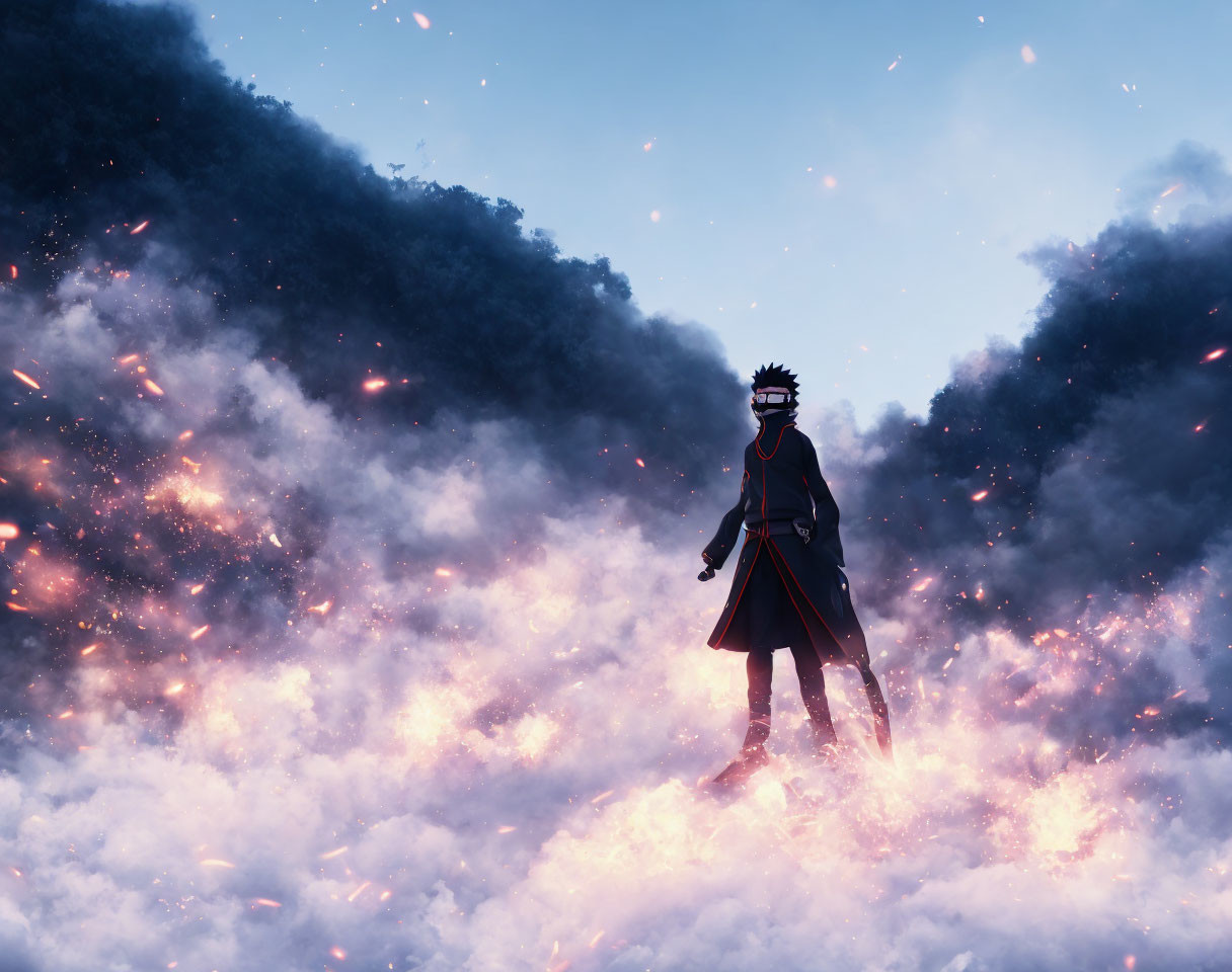 Person silhouette in clouds with glowing embers against dramatic blue sky