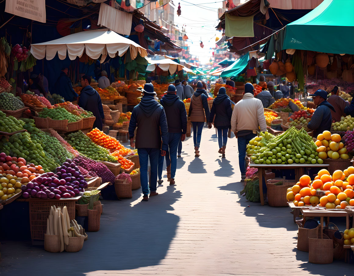 Vibrant outdoor market scene with colorful fruit and vegetable stalls