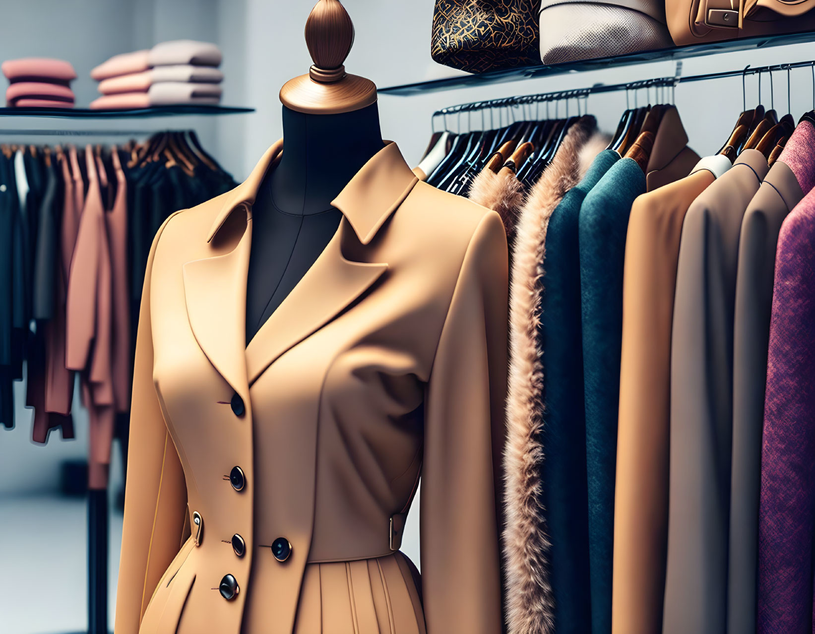 Mannequin showcasing camel-colored coat in boutique setting