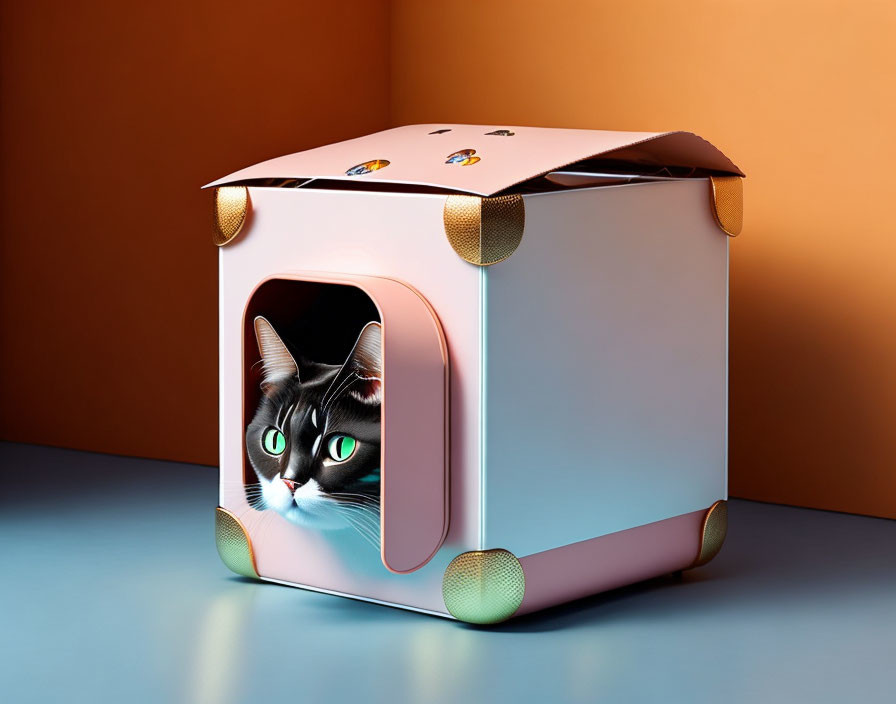 Cat in pink and white cube pet house on orange and blue background