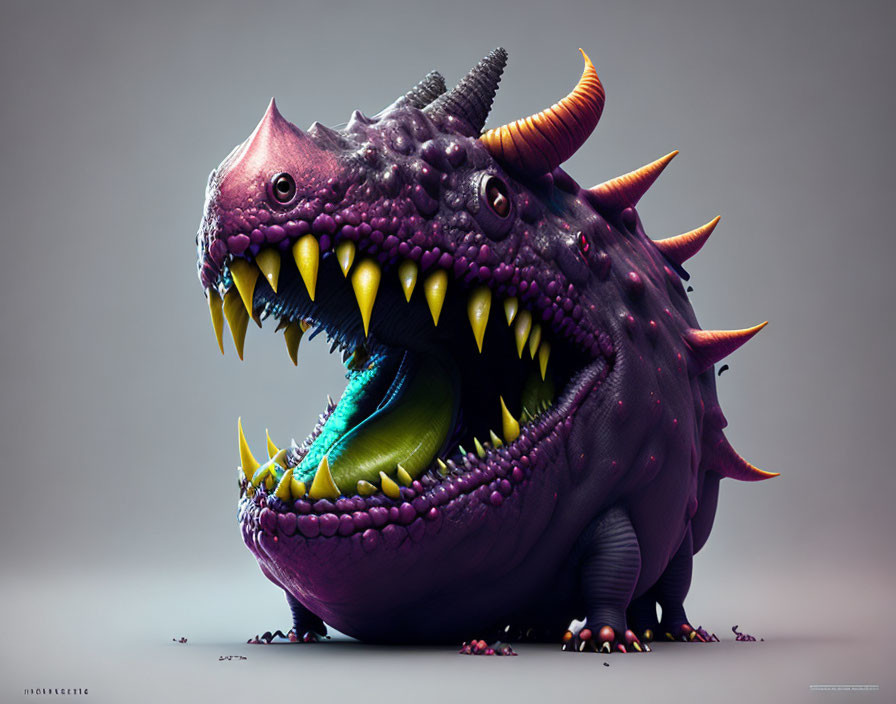 Colorful Digital Illustration of Fantastical Creature with Sharp Teeth, Horns, and Purple Text