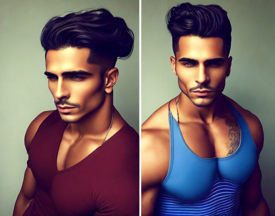 Stylish man with modern hairstyle and tank tops, displaying chest tattoo