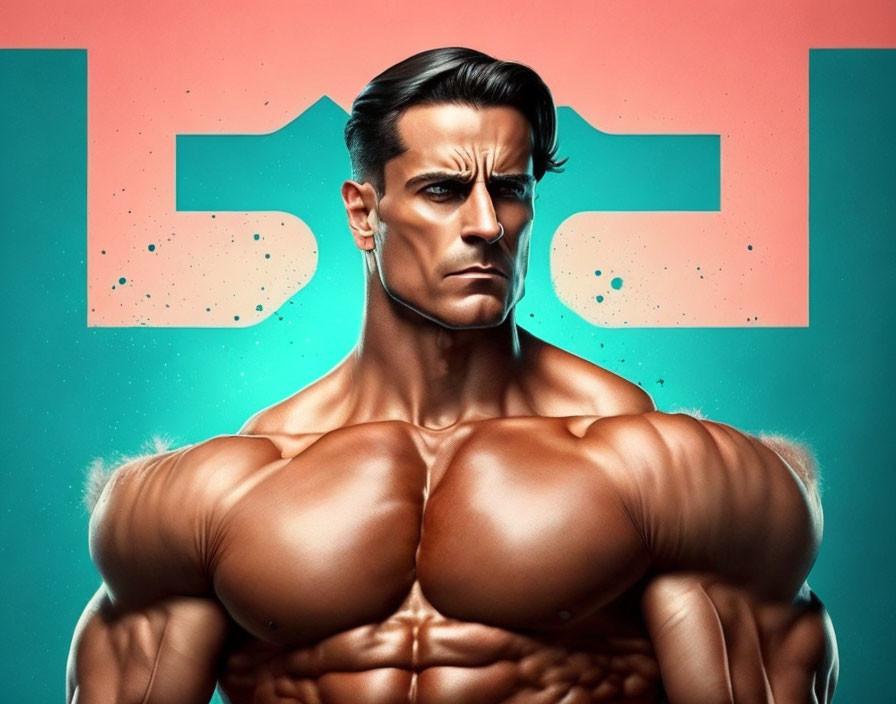 Muscular man with stylized haircut on teal background with pink abstract elements