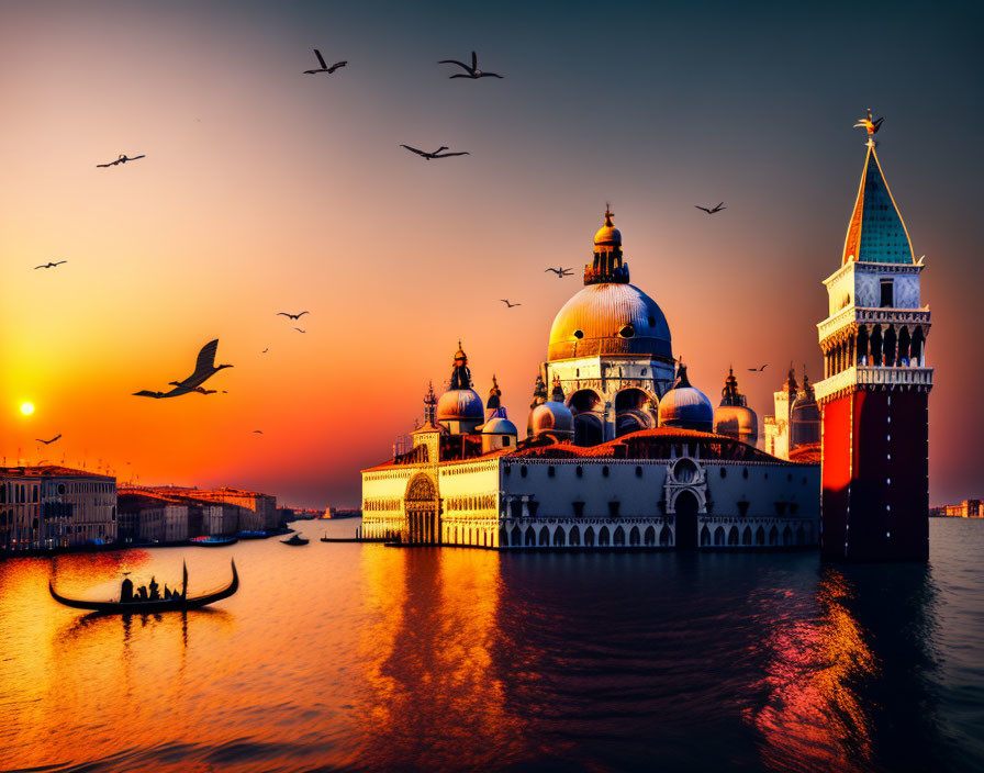 Venice Sunset with Silhouetted Birds, Gondola, and Iconic Buildings