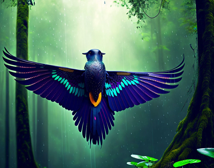 Multicolored bird soaring in mystical rain-drenched forest