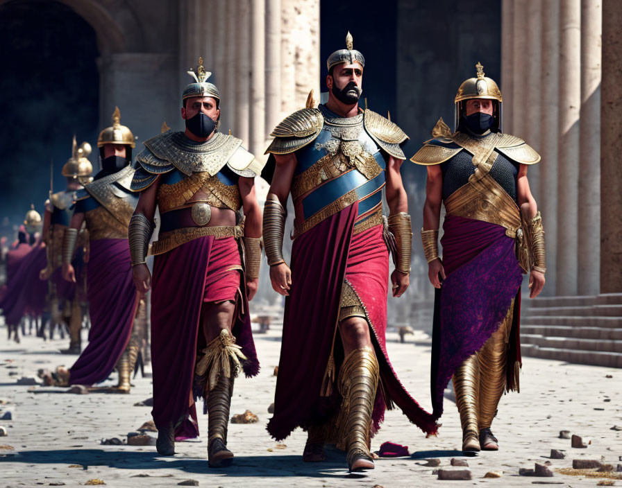 Three Men in Elaborate Ancient Warrior Attire Marching Through Stone Archway